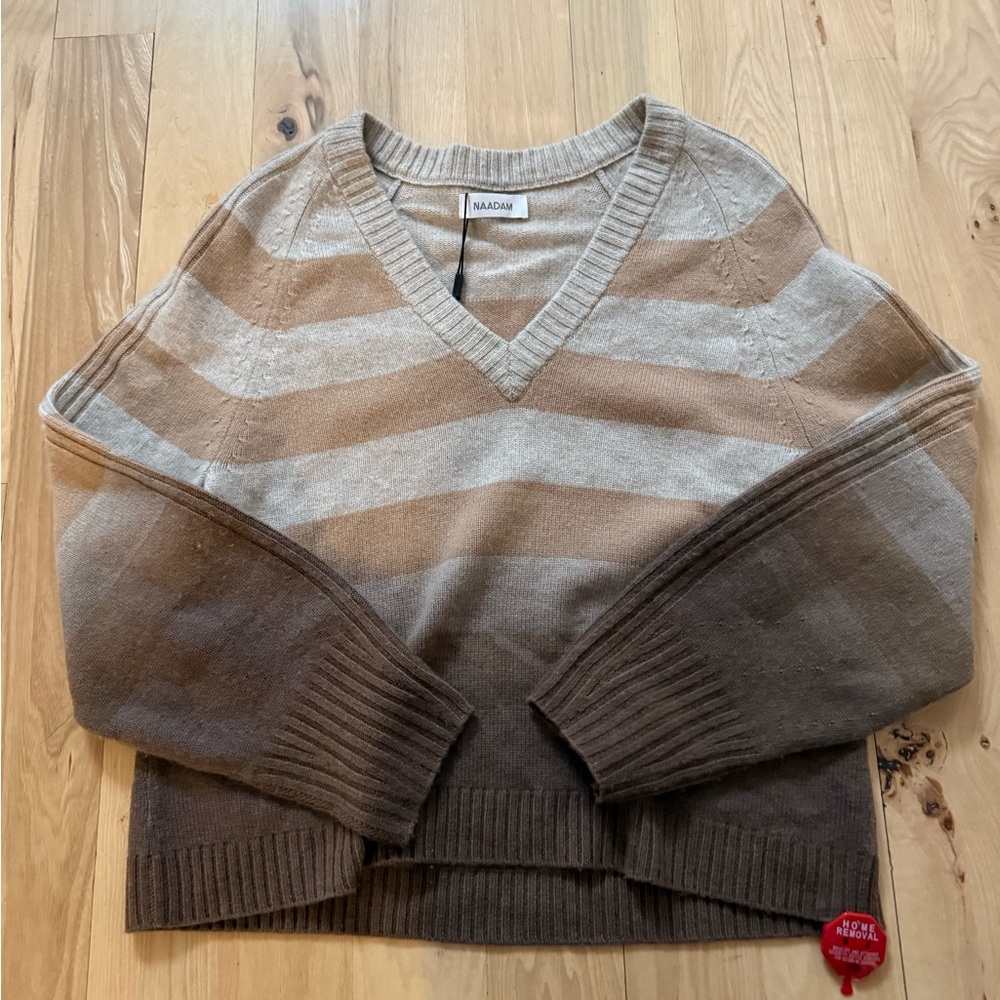 NWT NAADAM Dip Dye V-Neck Wool Cashmere Brown Stripe Sweater Size S - Picture 2 of 9